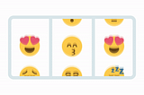 Animation of emoji slot machine landing on a win of three matching, heart-eyed, grinning emojis.