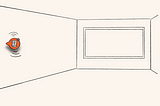 Animated image of a room with a visual cue for an object out of view