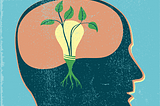 An illustration with a lightbulb, roots and some early sprouts of greenery, representing a growth mindset.