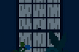 Pixel animated art of a dark and stormy window scene. The frame is intermittently illuminated by flashes of lightning.