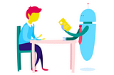 a robot conducting an interview with a human