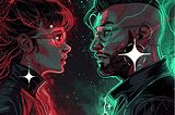 two people looking at each other showing the energy of red and green