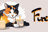The banner is an image of an illustrated calico cat laying down on the ground with two lit candles next to her. It reads: Fire Ban.