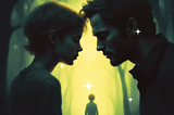 two people with their head together having a conflict with the image of a child between them