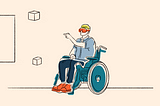 Animating sketch of a wheelchair using using a VR experience. They are navigating the XR experience without physically moving in the real world.