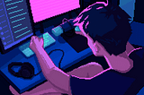 pixelised/retro gaming style animated gif — someone working on computer