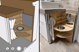 Darstellung des fertigen Holz-Waschtischs sowie der 3D Zeichnung mit Shapr3D.