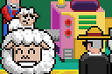 A pixelated gif showing a cartoon farmer insert sheep and wolves inside a line machine while a man onlooks at the scene