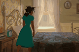 Princess Tiana falling onto her bed after a long day of work