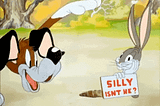 Bugs bunny gif. Cartoon dog making silly face at bunny.