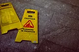 A yellow warning plastic stand that says Caution, cleaning in progress.