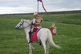 A knight on a white horse at a tournament