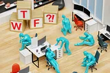 A model of an office with employee figures in various frustrated poses