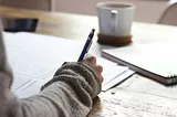 A photo of someone writing on a desk