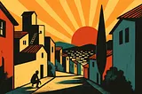 A brightly colored illustration of a sun setting on a village with a silhouette of a man looking out to the horizon down a street.