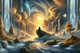 A wide-aspect serene and thought-provoking illustration inspired by Alan Watts’ philosophy. The scene depicts a solitary figure sitting peacefully on a rock in the middle of a flowing river, surrounded by a chaotic yet beautiful environment. Towering waterfalls, swirling clouds, and golden light breaking through symbolize the world’s turbulence. The figure is calm and meditative, exuding stillness, with subtle glowing energy radiating from them, representing inner peace. Ethereal elements like f