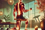 Illustration of a muscular figure exercising at home, with glowing veins symbolizing improved vascularity from nitric oxide boosters. The scene features resistance bands, dumbbells, and a calming, zen-inspired environment with potted plants, soft lighting, and warm, earthy tones, highlighting balance, wellness, and home fitness