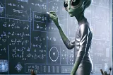 An alien doing mathematics on a board