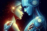 Illustration of a human and AI figure in an intimate embrace, symbolizing the blending of technology and human connection.