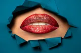 Red lips with glitter, bursting through a hole in blue paper.