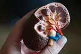 A photo of a plastic model of a kidney