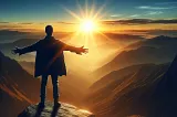 a person standing on top of a mountain, following an arduous journey, taking in the rising sun.