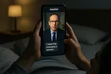 Artificial intelligence art of a deepfake video on a phone screen at night, blurred face that turns into another form, and a small shield icon of cyber safety and hope.