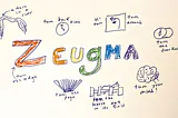 The word Zeugma written in large block letters colored like a rainbow, with 8 different illustrations of meaning for the word “turn”: a bend in a river, turn back time, make a u-turn, turn a door knob, turn your mind, turn a horse out to pasture, turn the pages in a book and turn or round a sharp edge.