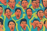 Illustration of many strange looking human heads with mouths open.