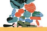 An animated GIF of a woman lying down on her side with a pile of rocks lumped on to her body.