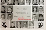 Class picture of students in the kindergarten/first grade class of 1953–1954 of Kelley Consolidated School, Kelley, IA