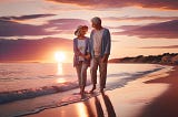 An elderly couple enjoying a romantic seaside walk at sunset, reflecting companionship, wide image 1792x1024