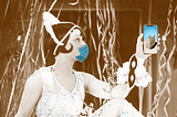 Vintage flapper girl photoshopped wearing a blue face mask, holding a cell phone with a money bill stack going up and down.