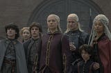 Rhaenyra and Daemon Targaryon with their children as they return to Kings Landing.