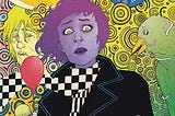 The cover of Ice Cream Man #15 features a light-purple-skinned woman with shortish dark-purple hair and lipstick, wearing a black jacket and a white/black checkered scarf. She looks down worryingly at the severed human finger she holds in her hand. Behind her is a psychedelic background, featuring a sinister-looking boys holding a balloon, a dead bird with worms crawling in and out of it’s eye sockets and mouth, and a vaguely tribal mask with a human eye seen though one of the eye holes.