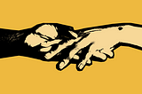 A gif of one hand holding another hand with a ring on it and animated sparkles.