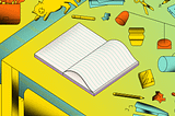 An illustration of a messy desk with an empty lined journal.