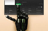 A robot hand tapping the play button on a Spotify playlist