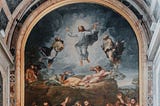 Reinassence Painting, Jesus flying in clouds and people down on earth looking at him and others with him