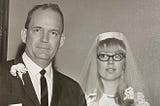 Black and white 1966 photo of father of the bride and bride