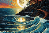 An illustration of the Sun and Moon meeting over the ocean waving to our shore