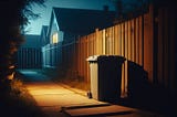 A plastic trash bin in a dark alley