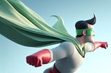 A superhero flying the sky, with a light green cape, a light green mask on his eyes, light grey clothes, red gloves, red belt, red boots, dark hair, who is a developer and not very muscular.