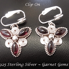 Clip On Earrings, Sterling Silver, Garnet Gemstones, Unique Style