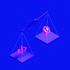 A isometric image of a balancing scale with code on one side and detective lens on the other side