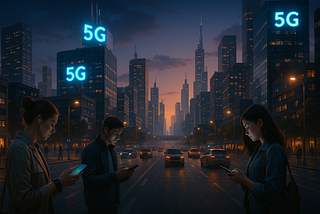 Futuristic city with 5G antennas and connected smart devices illustrating 5G networks reshaping urban connectivity.