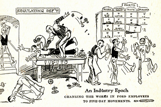 Image of workers in a factory with the caption: “An Industry Epoch: Changing the works of Ford employees to five-day movements.”