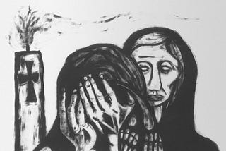 Monochrome expressionist painting showing two grief‑stricken figures, one covering their face while another stands behind with hollow eyes, beside a smoking tower marked with a cross. Stark black brushwork evokes despair, mourning, and witness — the art of sorrow without consolation.