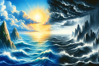 A picture of a stormy and sunny sea