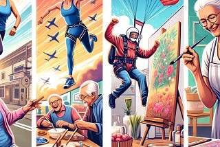 A collage featuring five seniors in various activities: 1. A senior woman running in a marathon, full of determination. 2. A senior man skydiving with joy. 3. A senior woman cooking and filming a YouTube video. 4. A senior man painting on a canvas in an art studio. 5. A senior woman volunteering in a community center. The collage symbolizes inspiration, adventure, and joy in pursuing passions at any age. @abxai.org